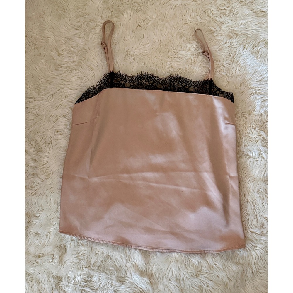 Forever 21 Satin Camisole Small Champagne Black Lace Trim Cami Top Coquette